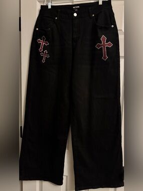 Hot Topic Black Red Bling Cross Wing Wide Leg Jeans